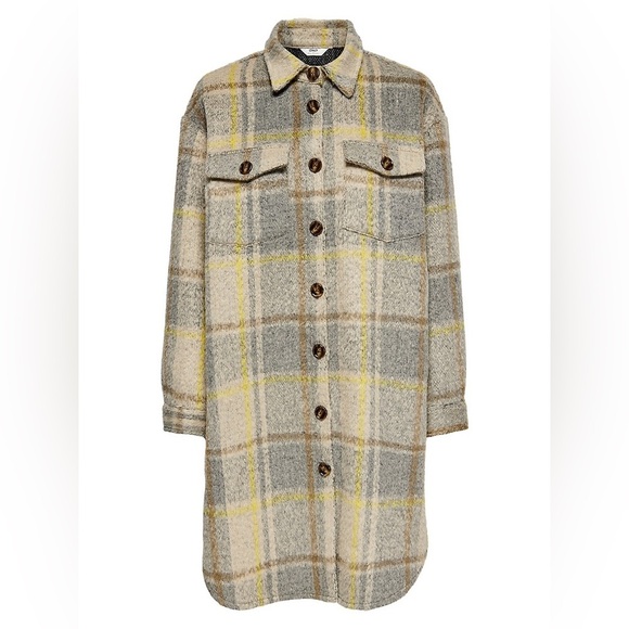 Only Wool-Blend Grey Yellow Plaid Long Shacket Size Medium - Picture 3 of 16